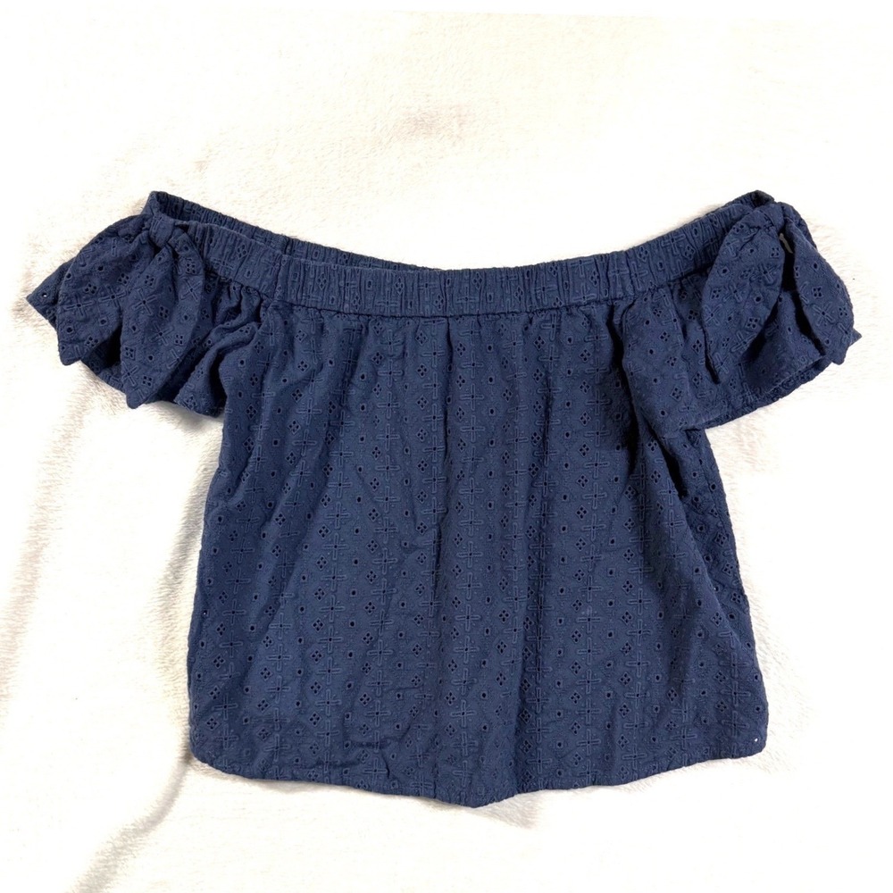 Abercrombie & Fitch S Navy Blue Eyelet Off Shoulder Crop Top Bow Tie Sleeve Boho